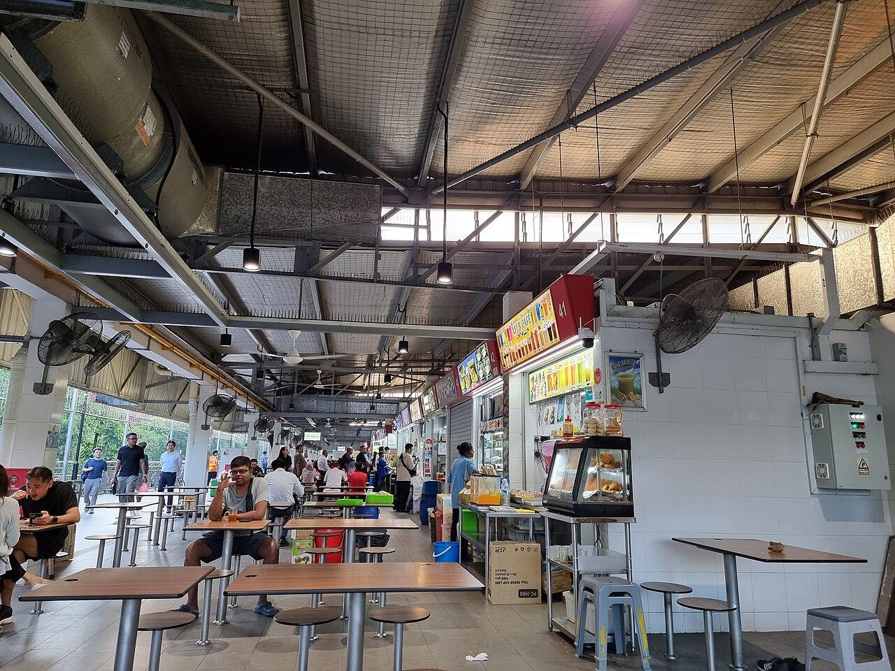 Stalls and tables inside Seah Im Food Centre, a Singapore hawker centre