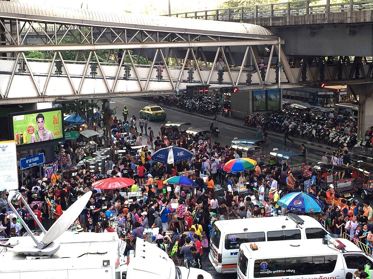 Songkran water play along Silom Road in Bangkok