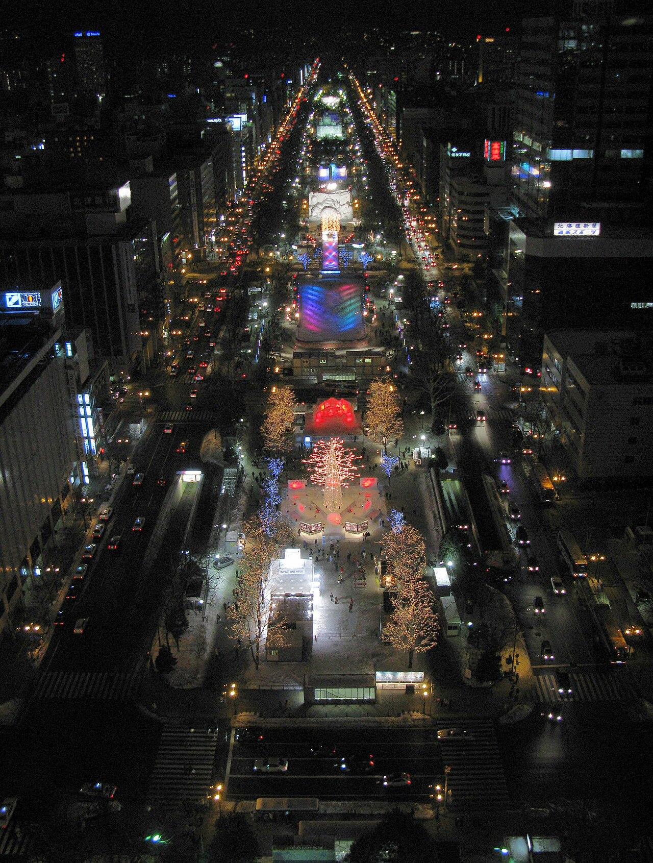 Snow sculptures lit at night in Odori Park