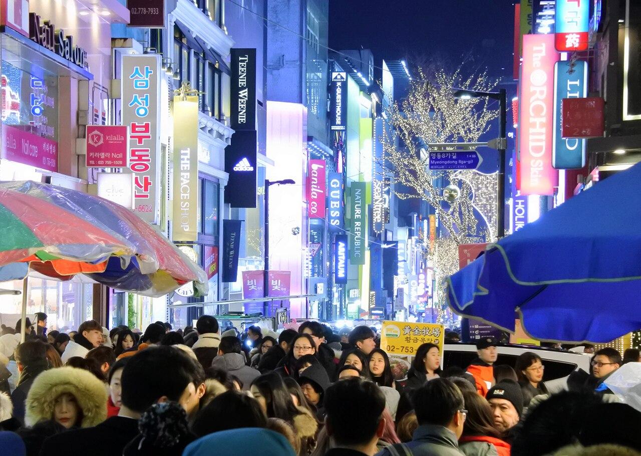 Crowds and Christmas lights in Myeongdong, Seoul