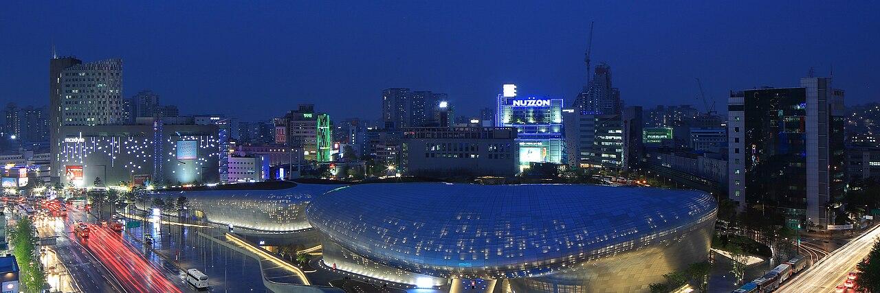 Dongdaemun Design Plaza lit at night