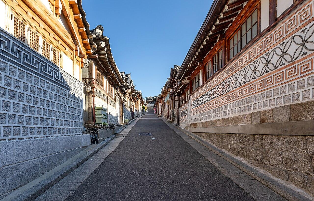 Hanok houses along a street in Bukchon, Seoul