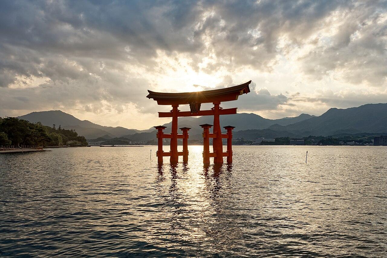Great torii of Itsukushima Shrine in low light