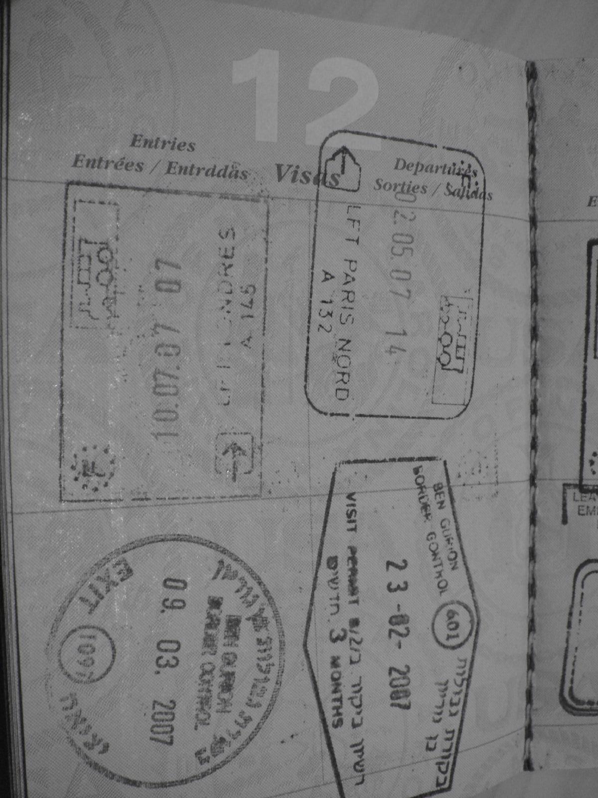 Passport page with travel entry stamps