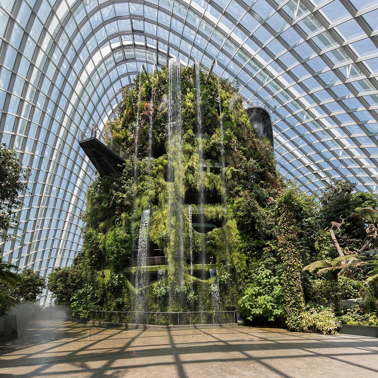 Indoor waterfall and greenery inside the Cloud Forest dome at Gardens by the Bay