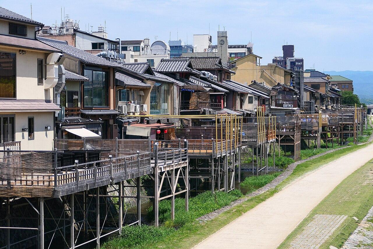 Riverside restaurant terraces along the Kamo River in Kyoto
