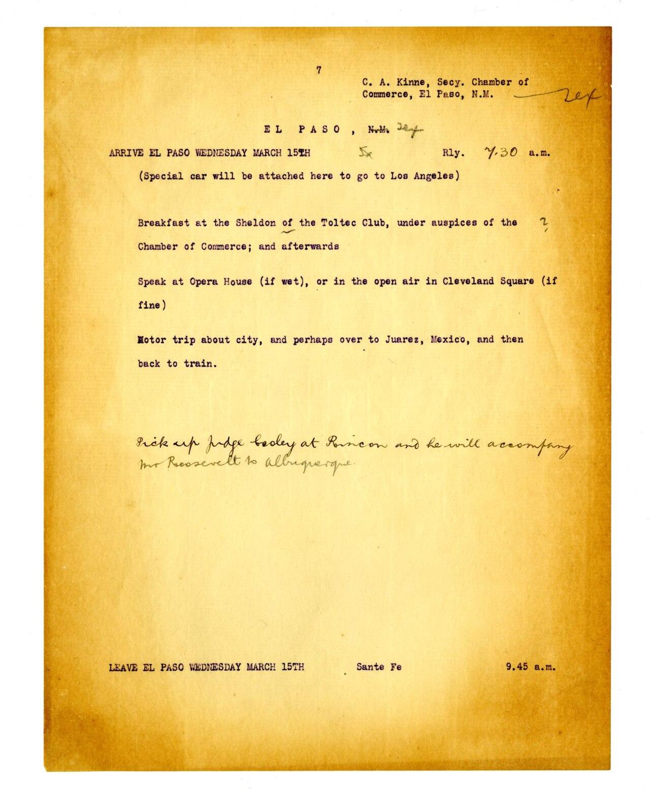 A typed daily itinerary from 1911 listing the day's appointments by time